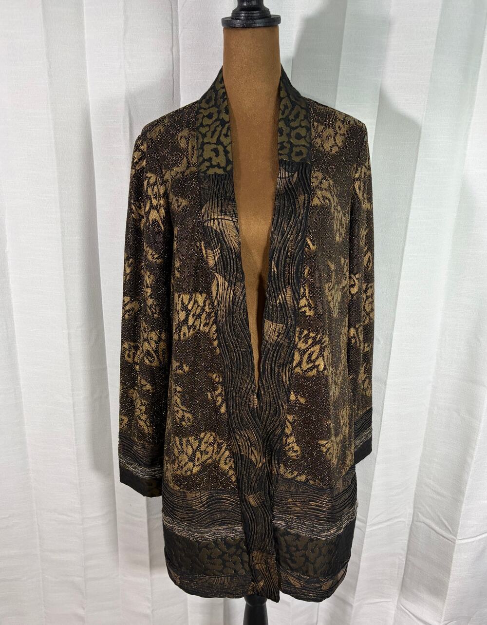 Chico’s Black Gold Metallic Animal Print Open Front Jacket Size 0 Small